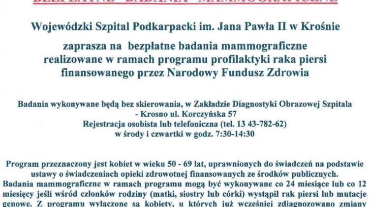 Bezpłatne badania mammograficzne