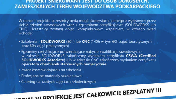 Nabór do II edycji projektu  „Innowacyjne Techniki Projektowania  i Wytwarzania w Branży Lotniczej – SOLIDWORKS/CNC”