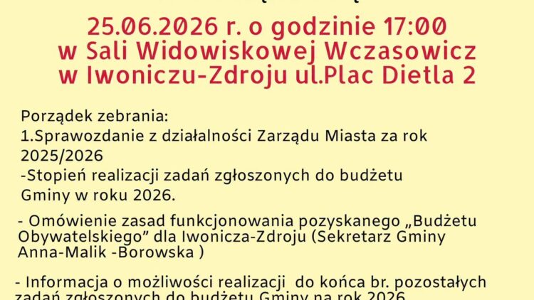 Zaproszenie na Zebranie Mieszkańców Iwonicza-Zdroju